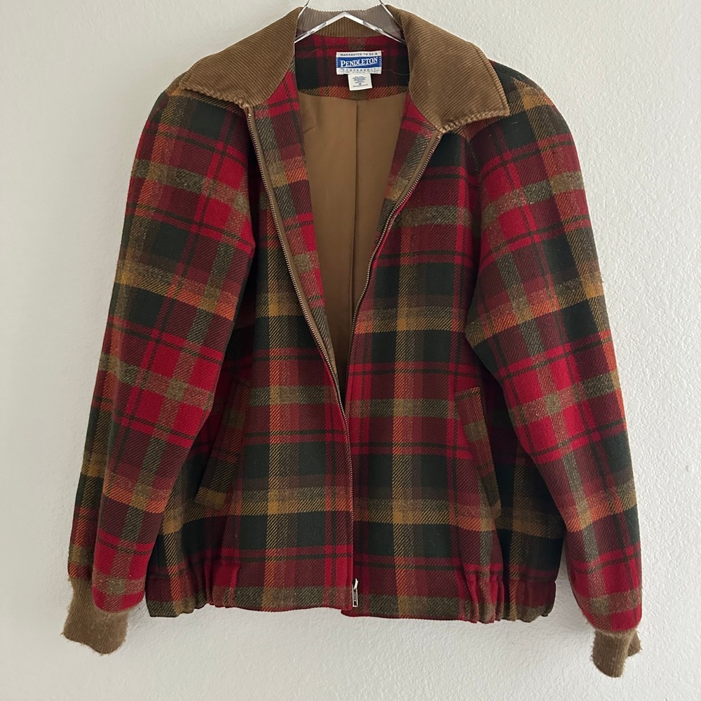 Pendleton Knockabout Jacket Mens M Red Brown Plaid Wool Corduroy Zip Bomber
